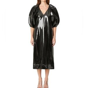 $525 NWOT RHODE “Betty” Patent Puff-Sleeve Midi Dress in Black Sz 4